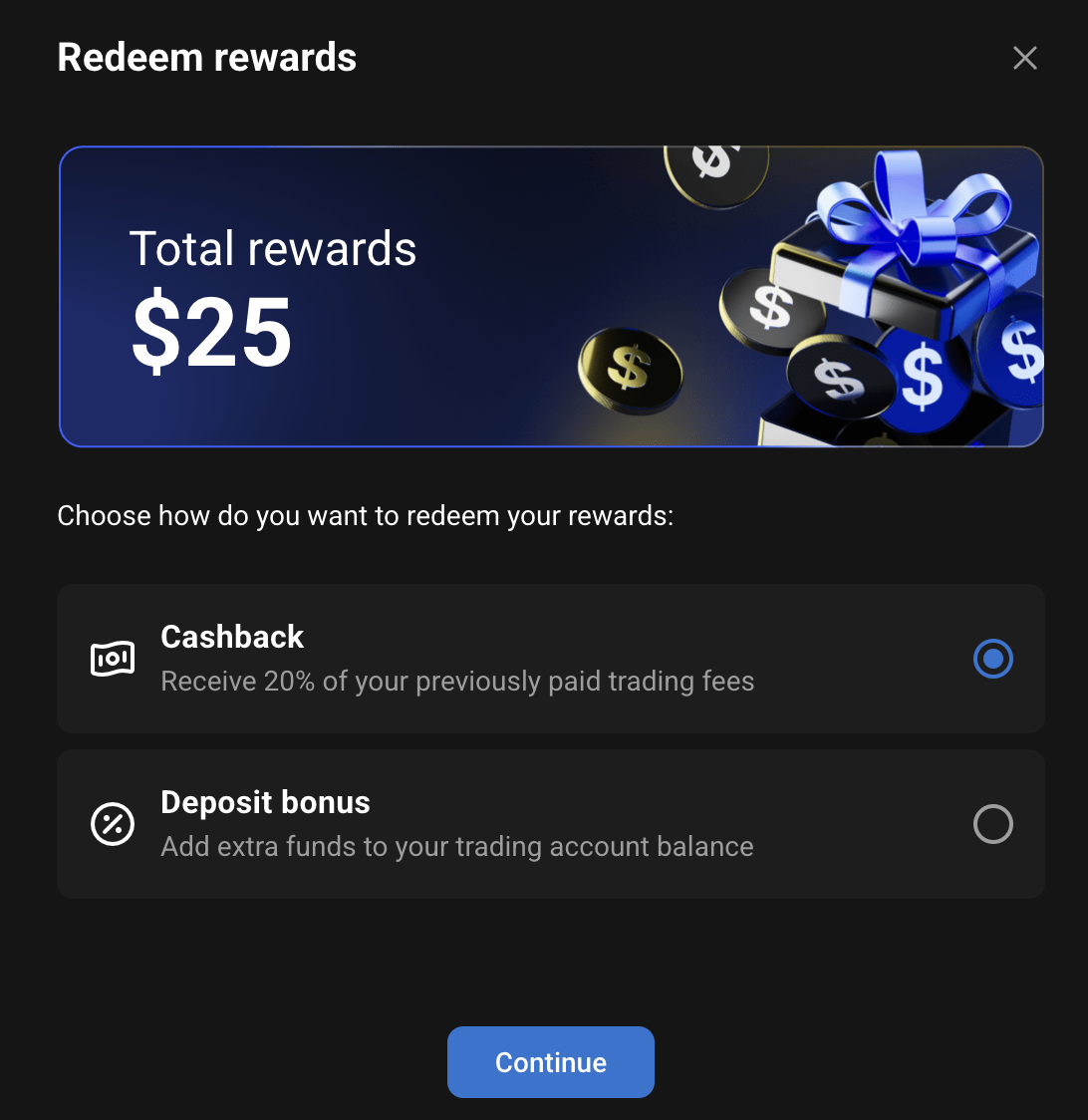 PrimeXBT Rewards Center Cashback Rewards